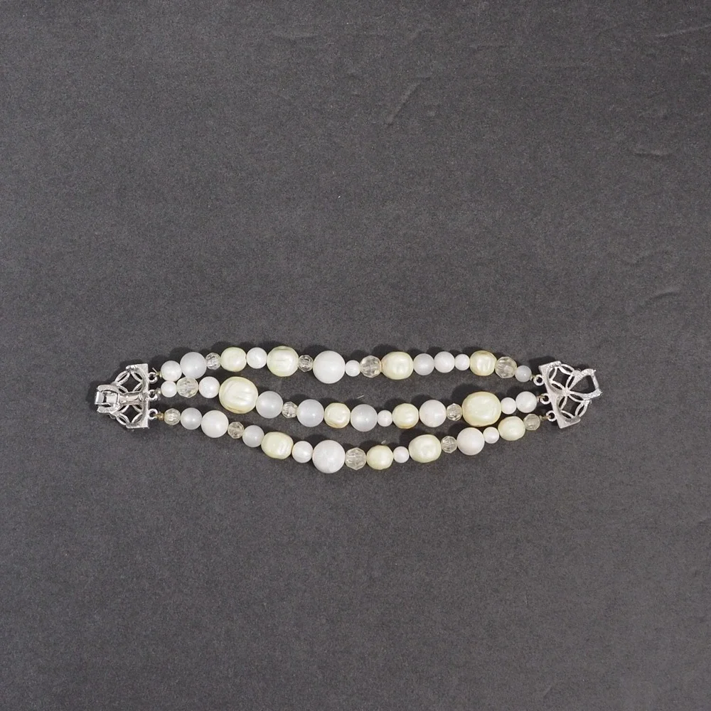 Vintage Coro Triple Strand Faux Baroque Pearl Bead Bracelet Silver Tone MCM